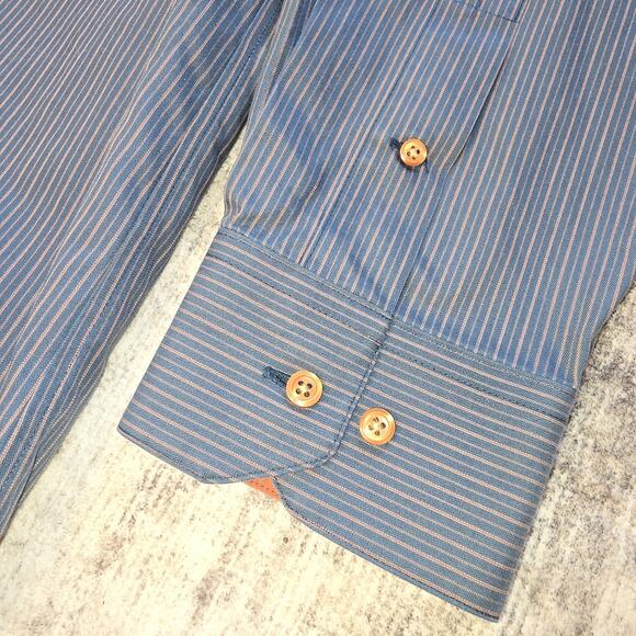 Paul Fredrick Dress Shirt Men 17 35 Blue Tan Stripe Tailored Fit Non Iron Cotton - Picture 9 of 12